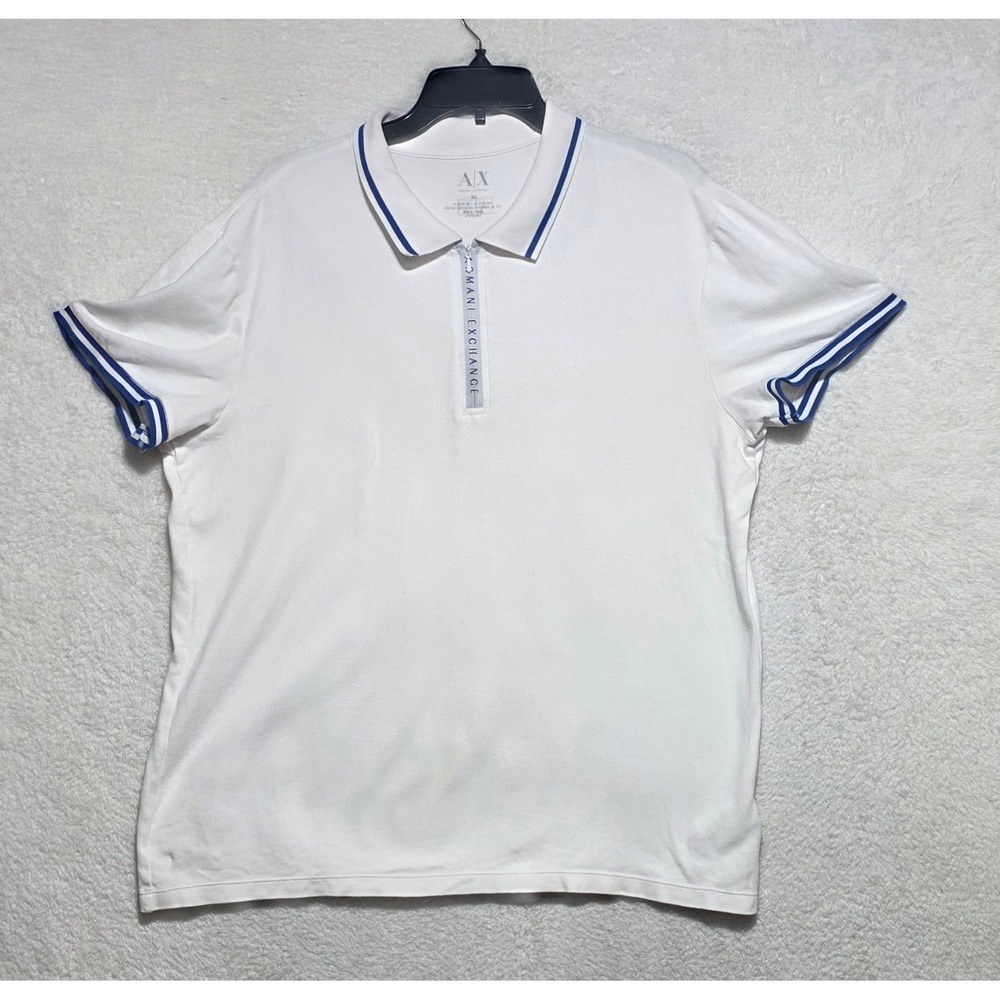 Armani Exchange Men's XL White Blue Tipped Quarter Zip Cotton Polo Shirt Logo
